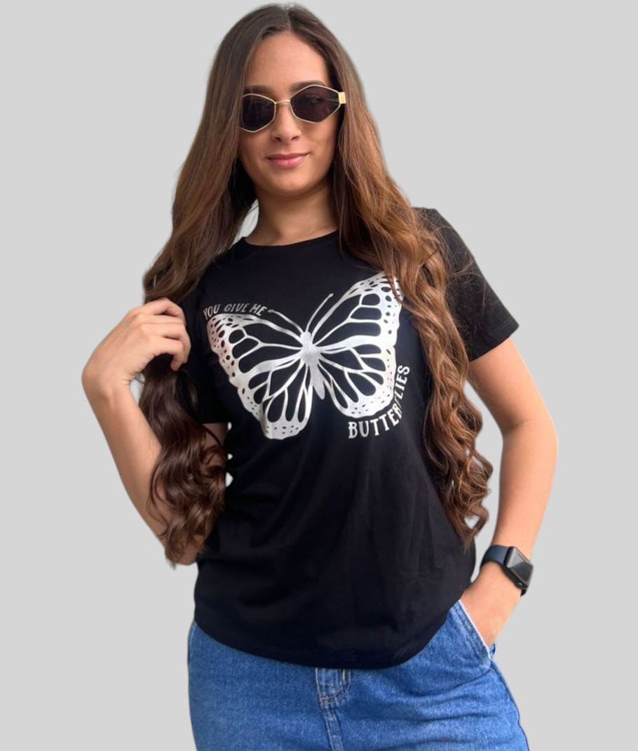 Camiseta Dama Mariposa Plata Metalizada
