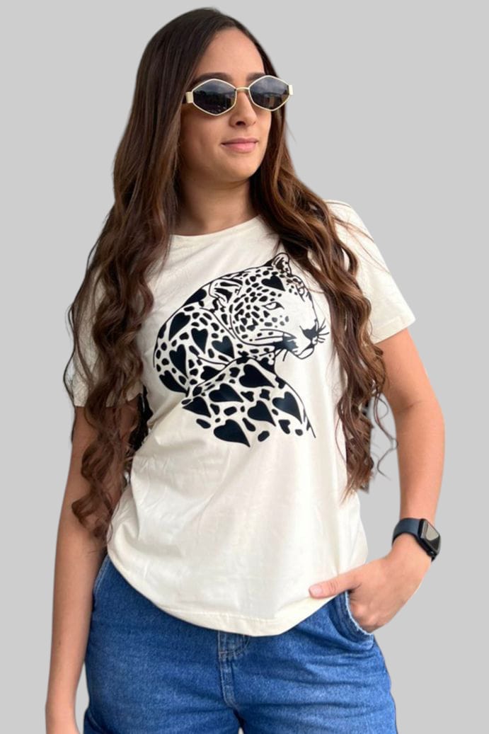 Camiseta Dama Leopardo Corazones Negro Metalizado