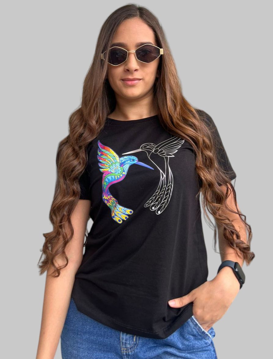 Camiseta Dama Colibrí Plata Metalizada