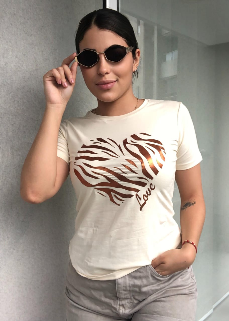 Camiseta Dama Corazón Love Cobre Metalizado