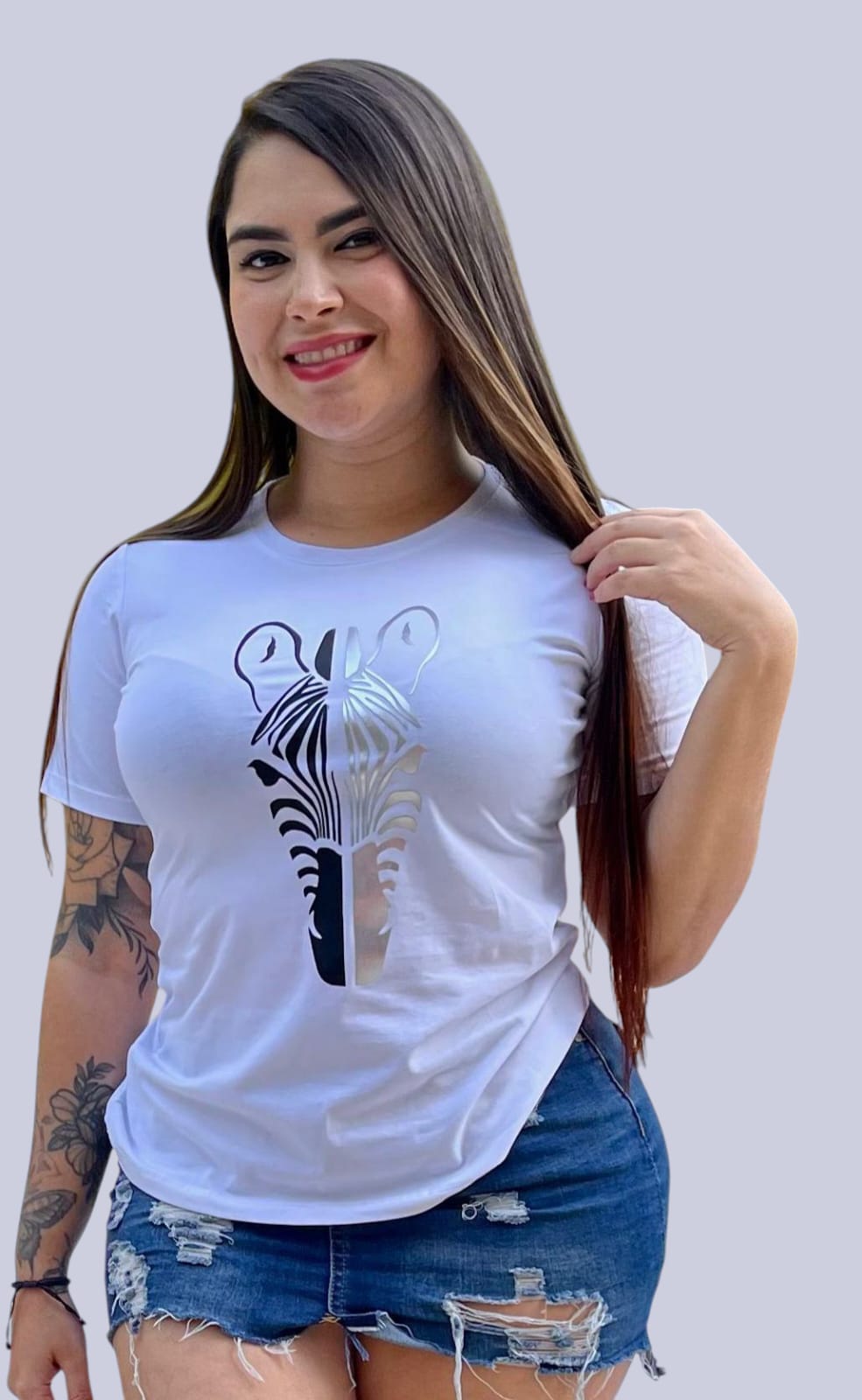 Camiseta Dama Cebra Plata Metalizada